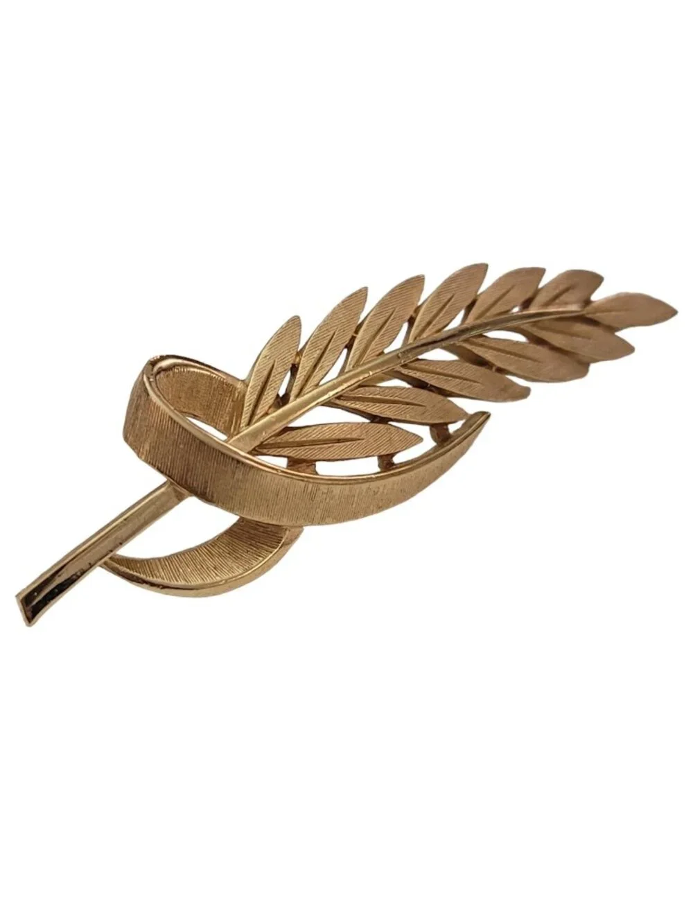 Trifari Crown Over T Gold Tone Laurel Leaf Ribbon Brooch Pin, Signed K898
